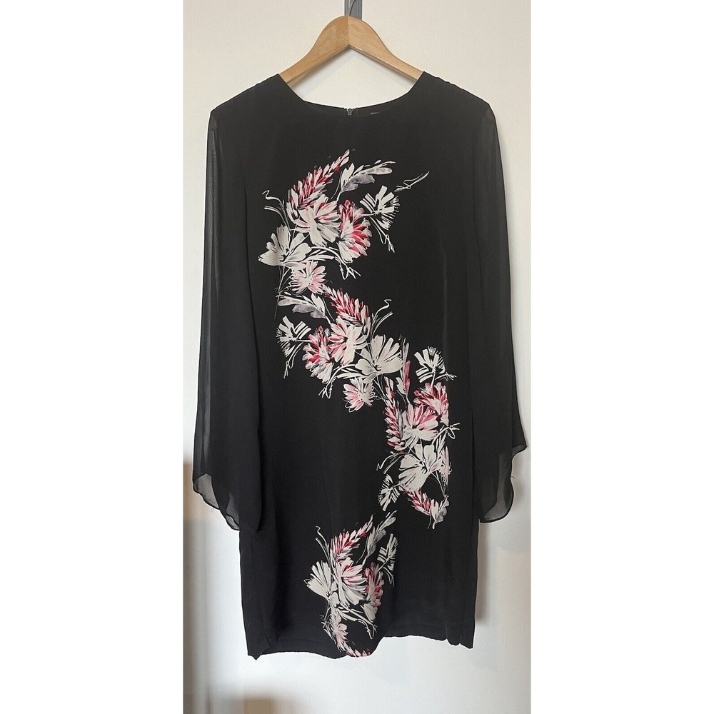 Vince Camuto Black Floral Print Sheer Sleeve Shift Dress Size 8